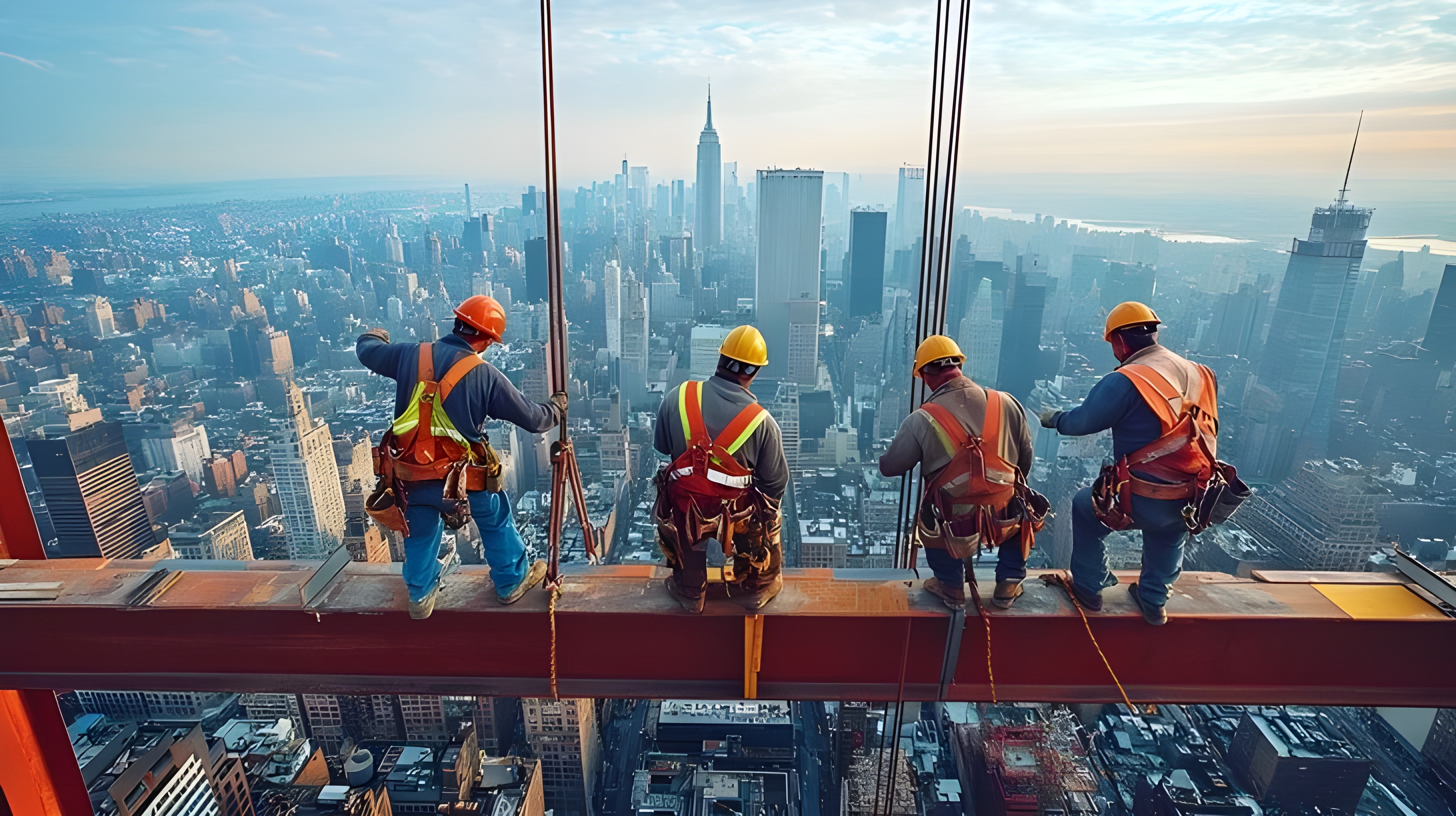 Workers building infrastructure high above the city